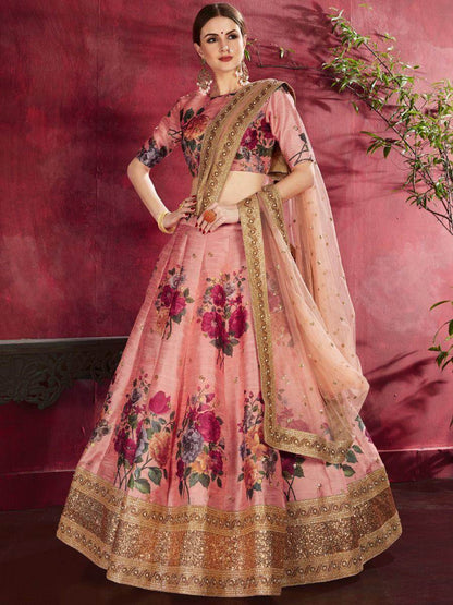 Peach Floral Print Banglori Silk Wedding Wear Lehenga Choli - Zeel Clothing