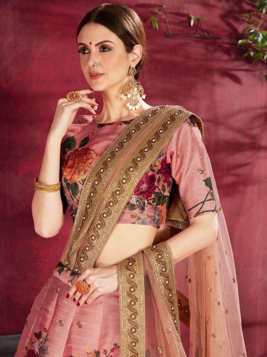 Peach Floral Print Banglori Silk Wedding Wear Lehenga Choli - Zeel Clothing