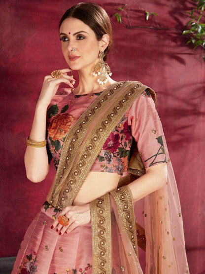Peach Floral Print Banglori Silk Wedding Wear Lehenga Choli - Zeel Clothing
