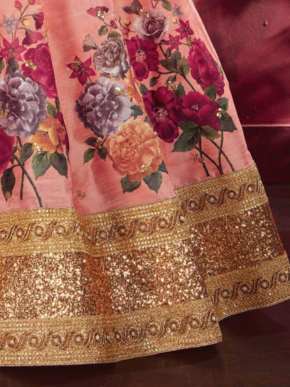 Peach Floral Print Banglori Silk Wedding Wear Lehenga Choli - Zeel Clothing