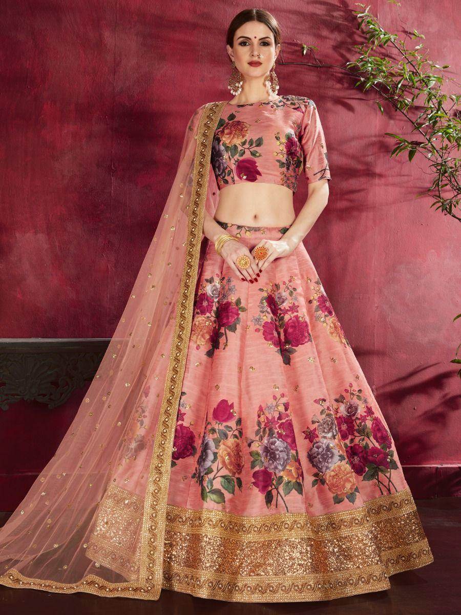 Peach Floral Print Banglori Silk Wedding Wear Lehenga Choli - Zeel Clothing