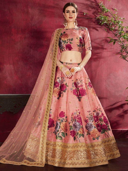 Peach Floral Print Banglori Silk Wedding Wear Lehenga Choli - Zeel Clothing