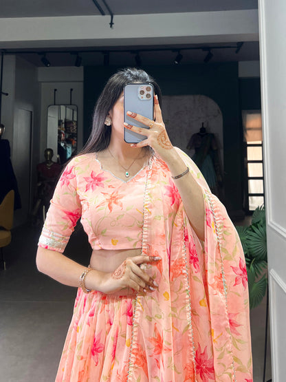 Peach Color Floral Print With Lace Border Tabby Silk Lehenga Choli