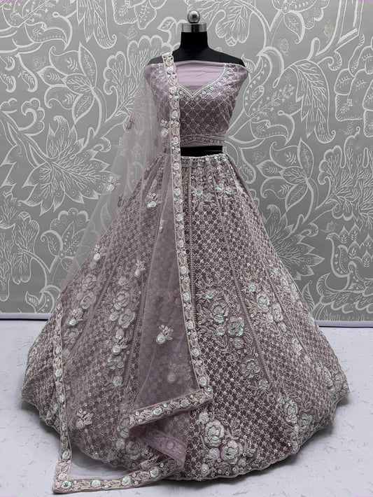 Phenomenal Mauve Bead Work Net Bridesmaid Lehenga Choli With Dupatta - Zeel Clothing