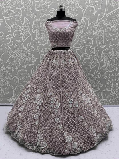 Phenomenal Mauve Bead Work Net Bridesmaid Lehenga Choli With Dupatta - Zeel Clothing