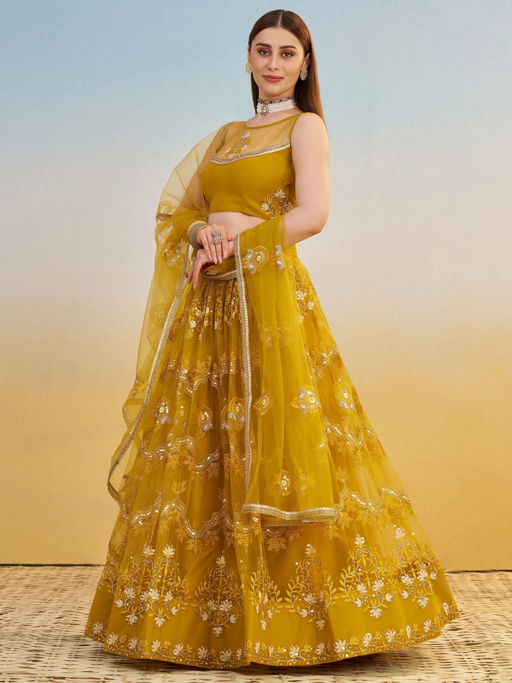 Phenomenal Mustard Yellow Thread Work Net Haldi Wear Lehenga Choli - Zeel Clothing