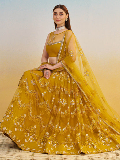 Phenomenal Mustard Yellow Thread Work Net Haldi Wear Lehenga Choli - Zeel Clothing