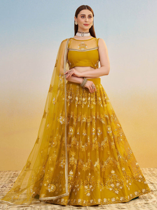 Phenomenal Mustard Yellow Thread Work Net Haldi Wear Lehenga Choli - Zeel Clothing