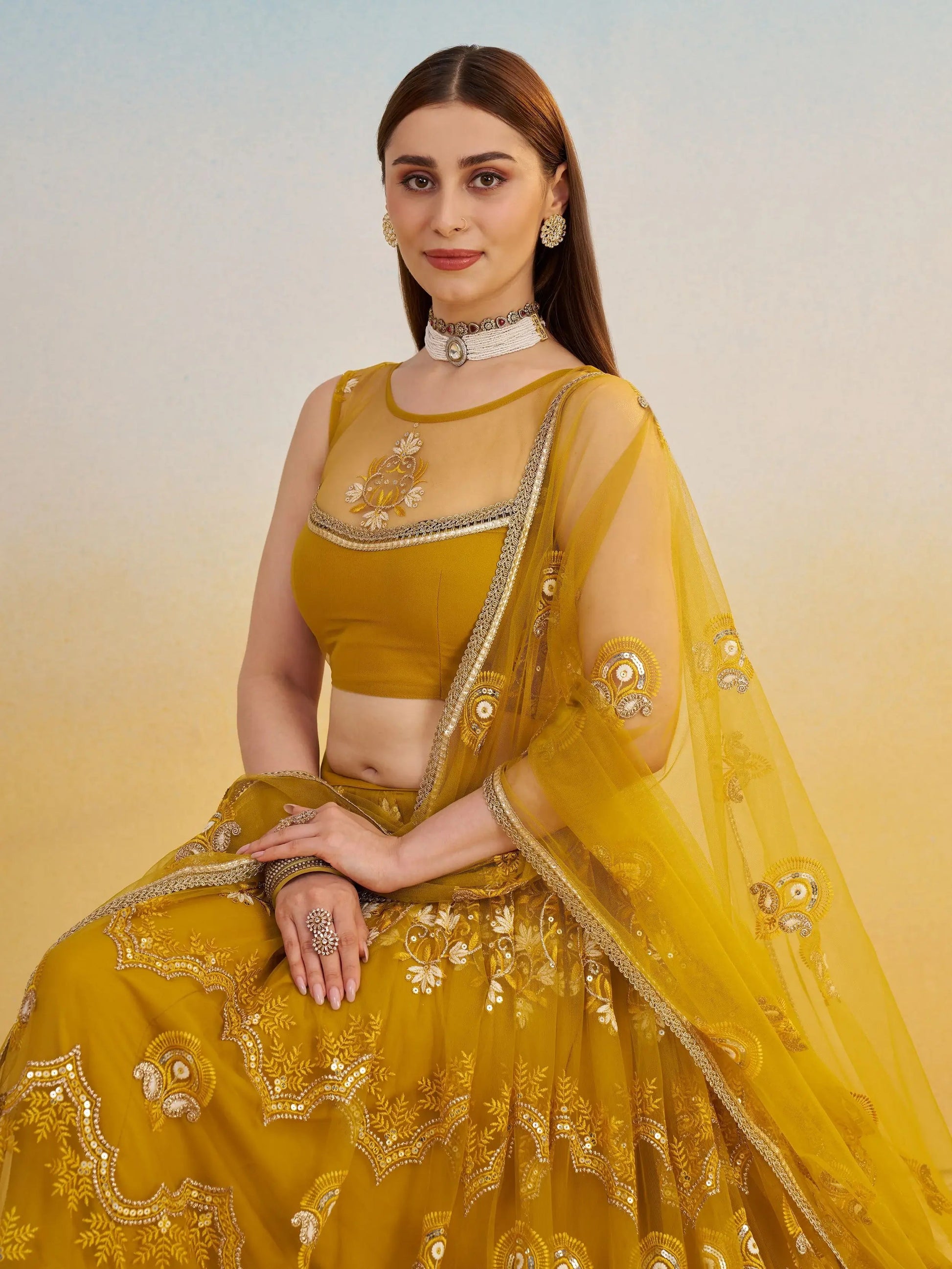 Phenomenal Mustard Yellow Thread Work Net Haldi Wear Lehenga Choli - Zeel Clothing