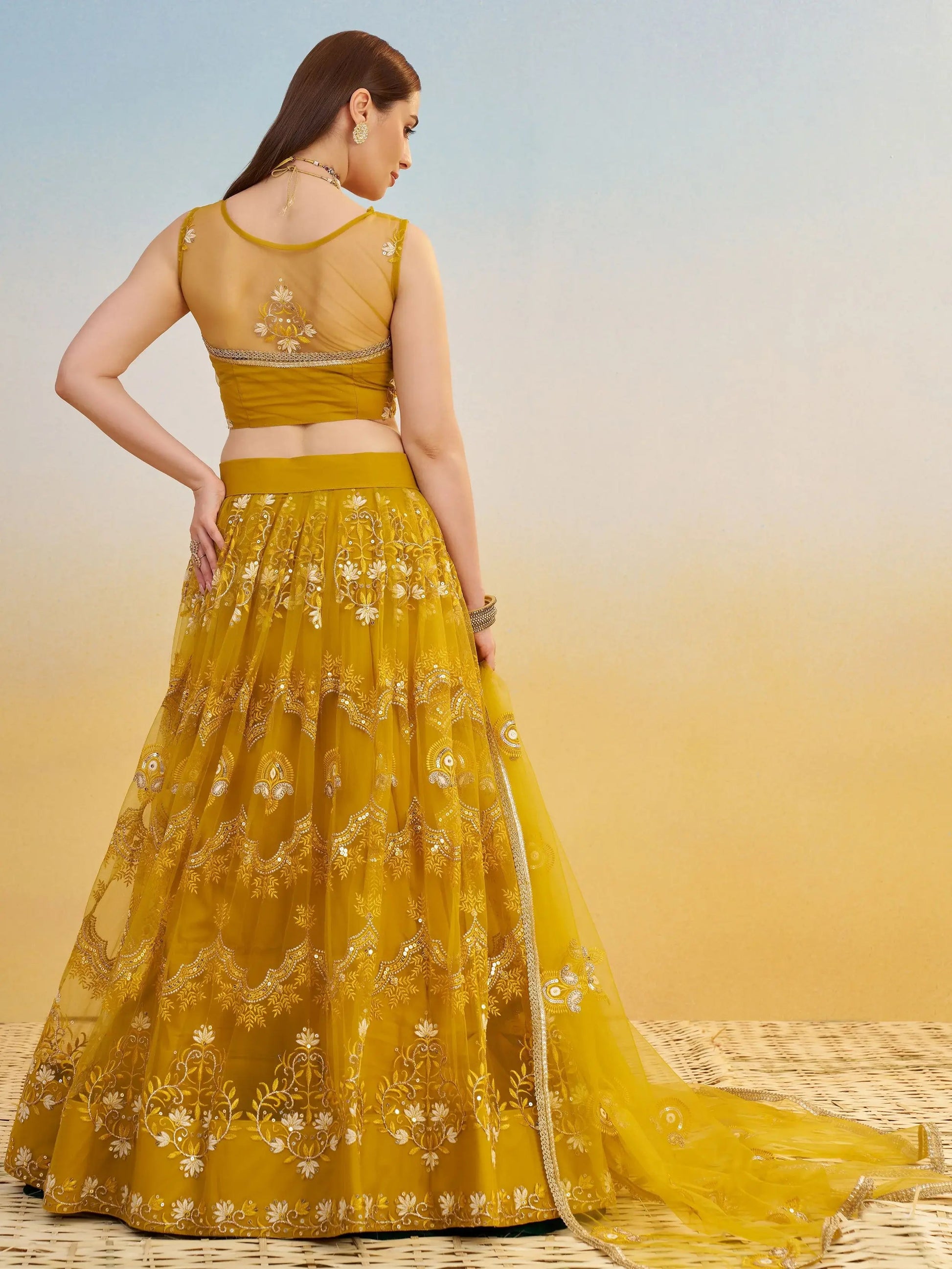 Phenomenal Mustard Yellow Thread Work Net Haldi Wear Lehenga Choli - Zeel Clothing