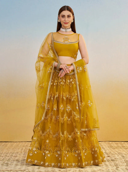 Phenomenal Mustard Yellow Thread Work Net Haldi Wear Lehenga Choli - Zeel Clothing