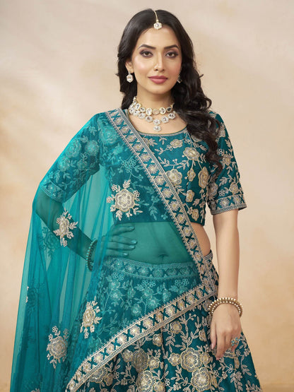 Phenomenal Teal Green Sequins Silk Bridesmaid Lehenga Choli With Dupatta - Zeel Clothing