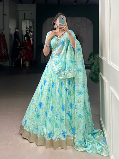 Pista Color Floral Print With Embossed Design Tabby Silk Chaniya Choli