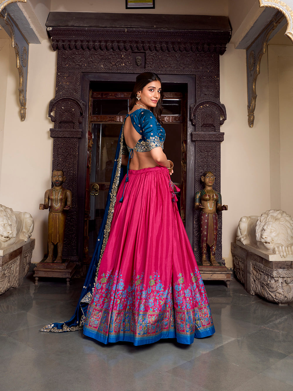 Pink Color Printed With Foil Work Tussar Silk Lehenga Choli
