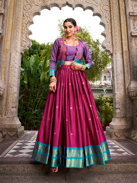 Pink Color Zari Weaving Work Poly Cotton Lehenga Choli