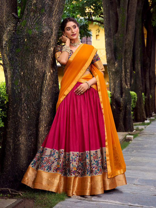 Pink Color Printed With Zari Weaving Work Astha Silk Lehenga Choli