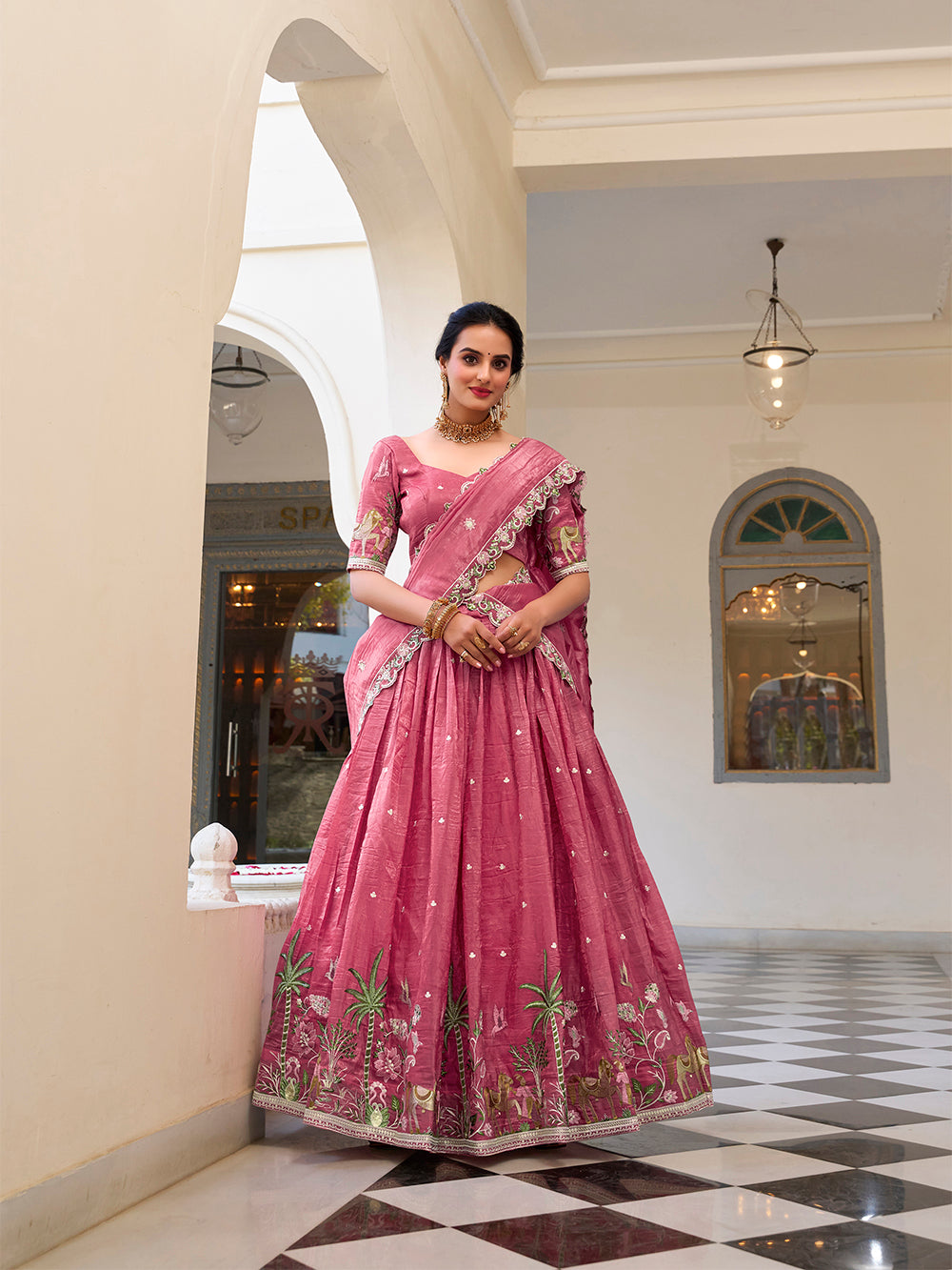 Pink Color Sequins and Thread Embroidery Work Gold Crush Lehenga Choli