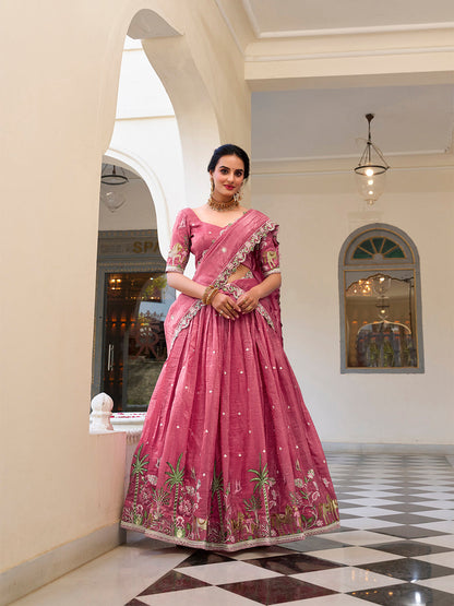 Pink Color Sequins and Thread Embroidery Work Gold Crush Lehenga Choli