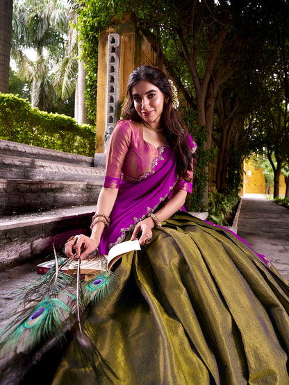 Pink Color Sequince And Thread Embroidery Work Kanchipuram Lehenga Choli