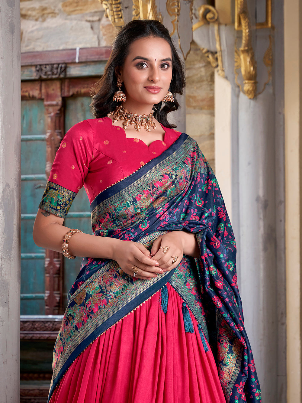 Pink Color Printed Foil Work Tussar Silk Lehenga Choli