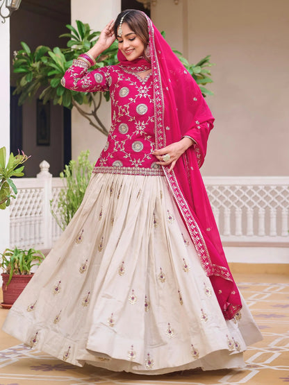 Astonishing Beige Coding Work Tissue Festive Wear Lehenga With Long Choli