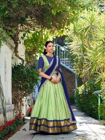 Pista Color Zari Weaving Work With Chex Lehenga Choli