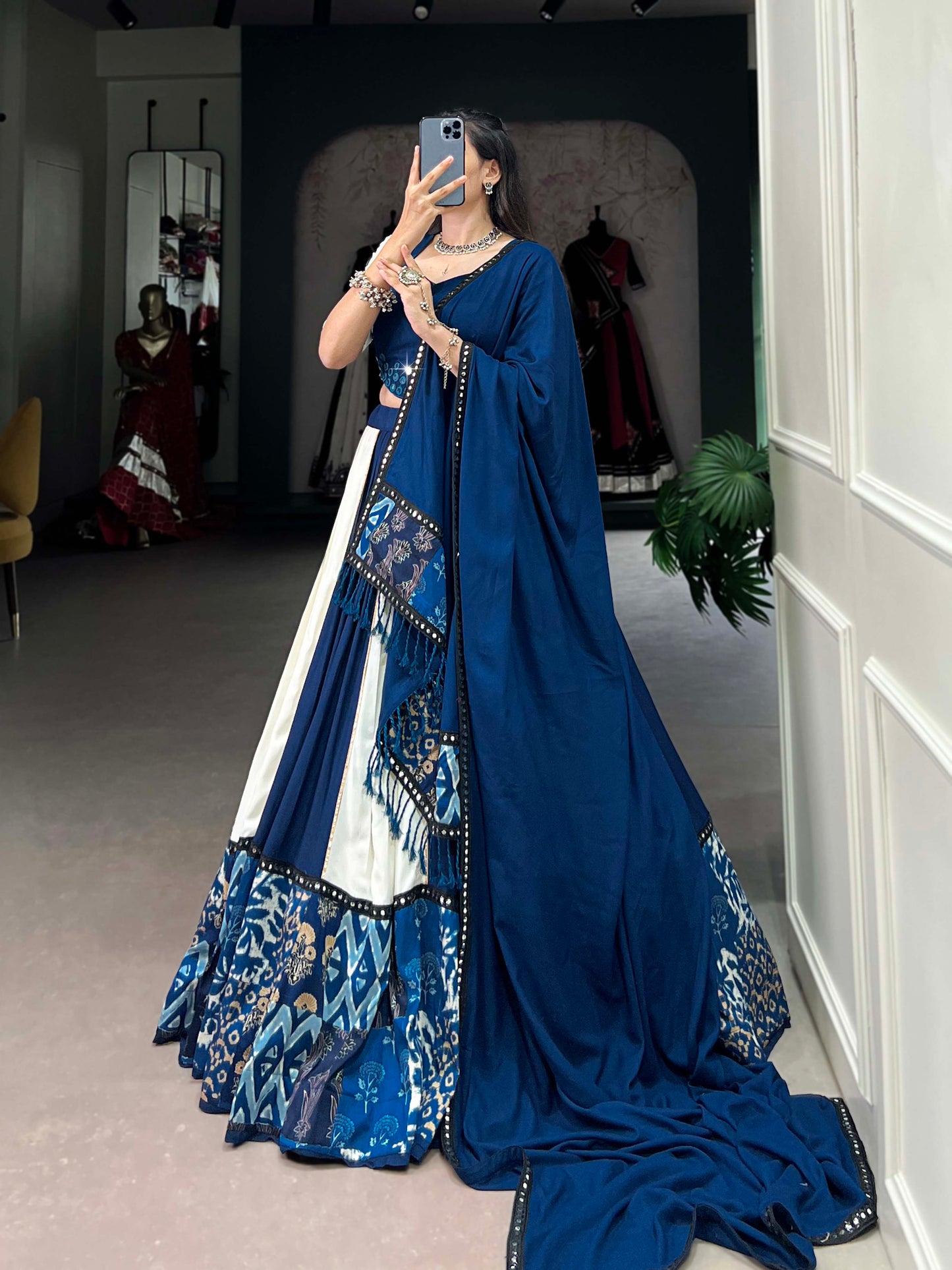 Blue Color Plain And Printed With Paper Mirror Work Rayon Lehenga Choli