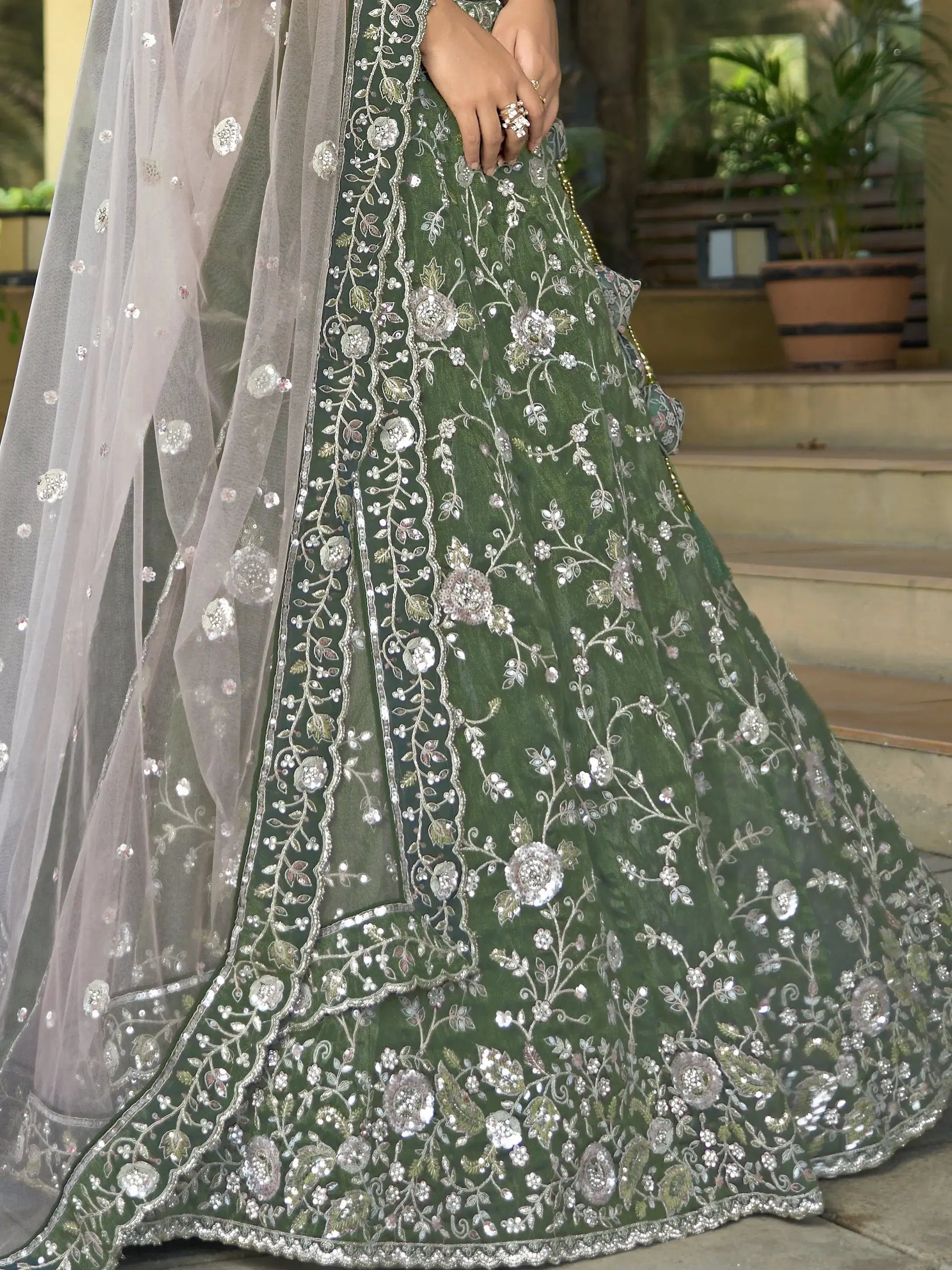Pleasant Bottle Green Sequins Work Viscose Silk Mehendi Wear Lehenga Choli - Zeel Clothing