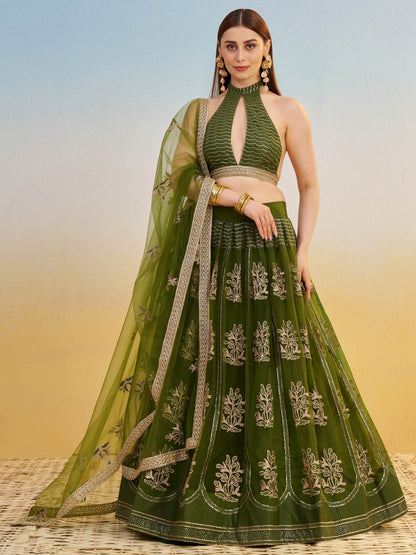 Pleasant Green Sequins Work Net Mehendi Wear Lehenga Choli With Dupatta - Zeel Clothing