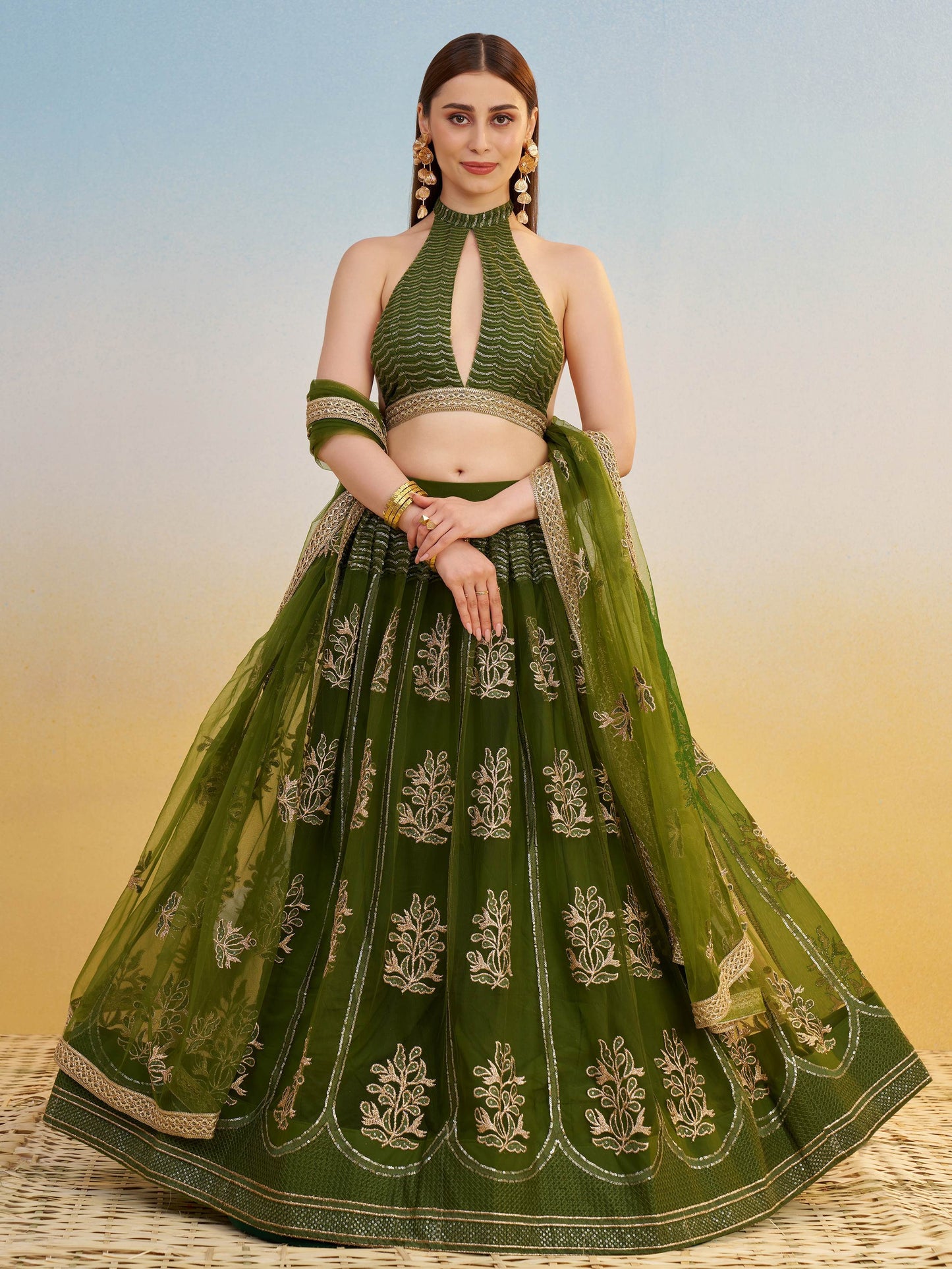 Pleasant Green Sequins Work Net Mehendi Wear Lehenga Choli With Dupatta - Zeel Clothing