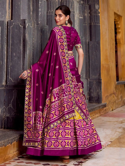 Pleasant Mustard Yellow Ikkat Print Tussar Silk Half Saree Lehenga With Dupatta - Zeel Clothing