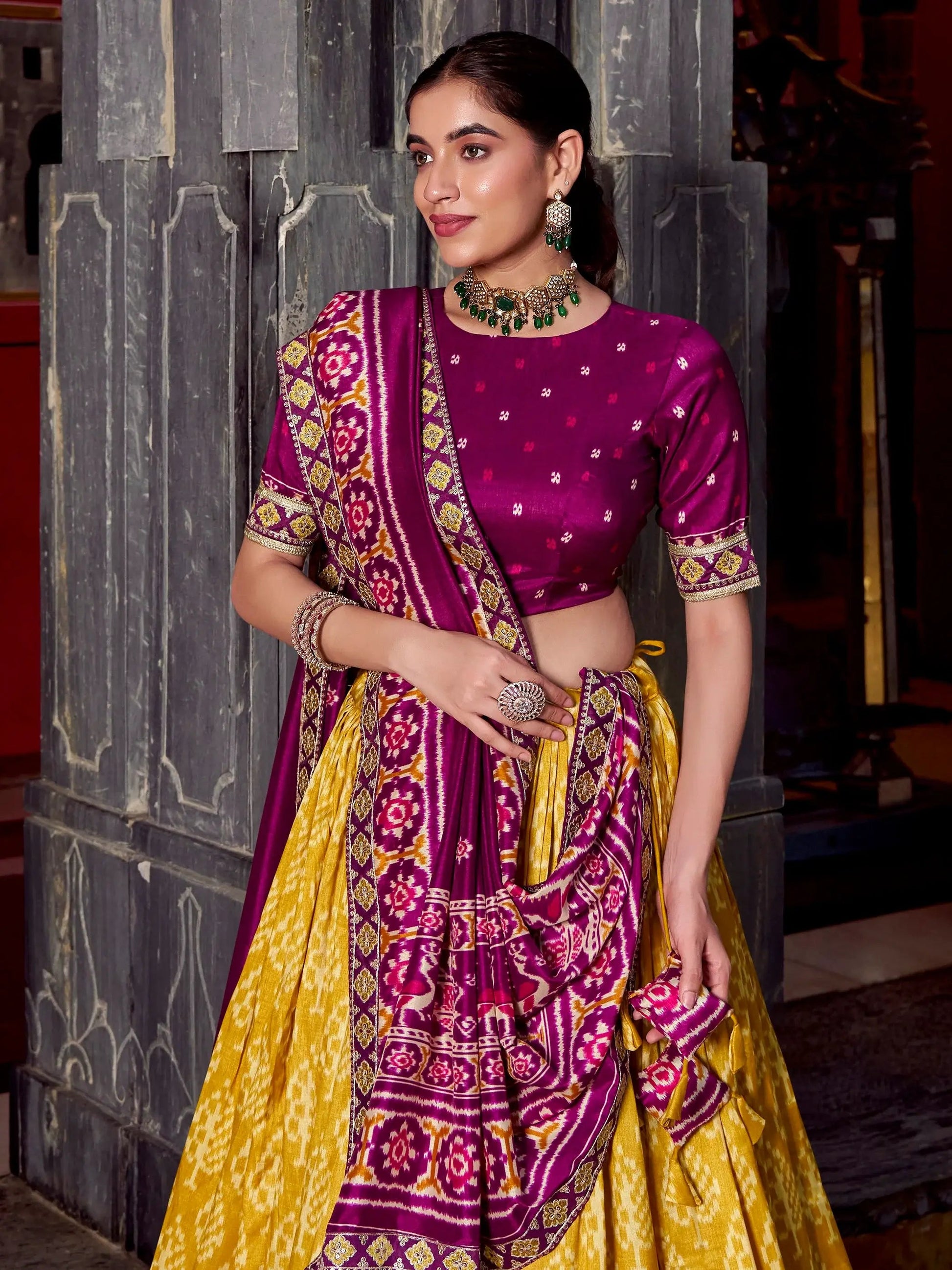 Pleasant Mustard Yellow Ikkat Print Tussar Silk Half Saree Lehenga With Dupatta - Zeel Clothing