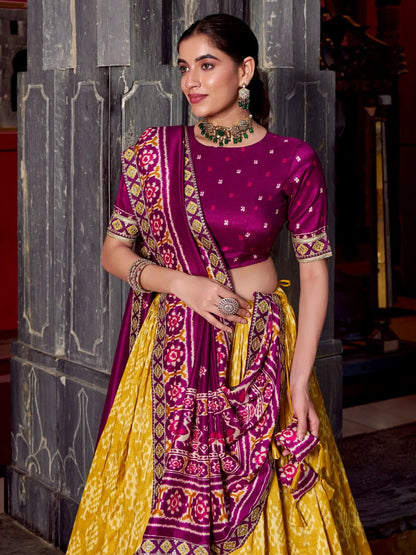 Pleasant Mustard Yellow Ikkat Print Tussar Silk Half Saree Lehenga With Dupatta - Zeel Clothing