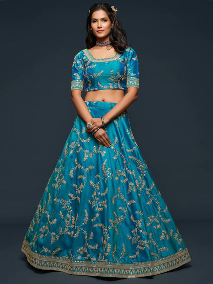Pleasant Teal Blue Thread Embroidery Art Silk Wedding Lehenga Choli - Zeel Clothing