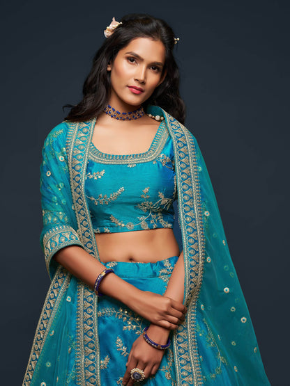 Pleasant Teal Blue Thread Embroidery Art Silk Wedding Lehenga Choli - Zeel Clothing