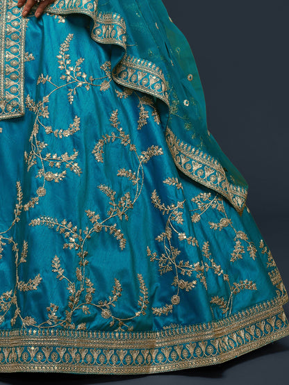 Pleasant Teal Blue Thread Embroidery Art Silk Wedding Lehenga Choli - Zeel Clothing