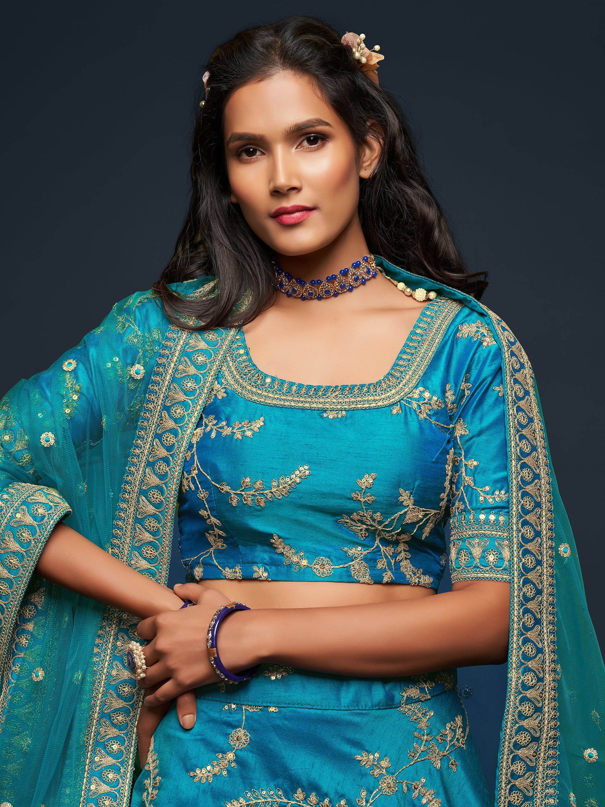Pleasant Teal Blue Thread Embroidery Art Silk Wedding Lehenga Choli - Zeel Clothing