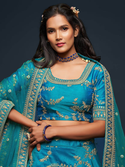 Pleasant Teal Blue Thread Embroidery Art Silk Wedding Lehenga Choli - Zeel Clothing
