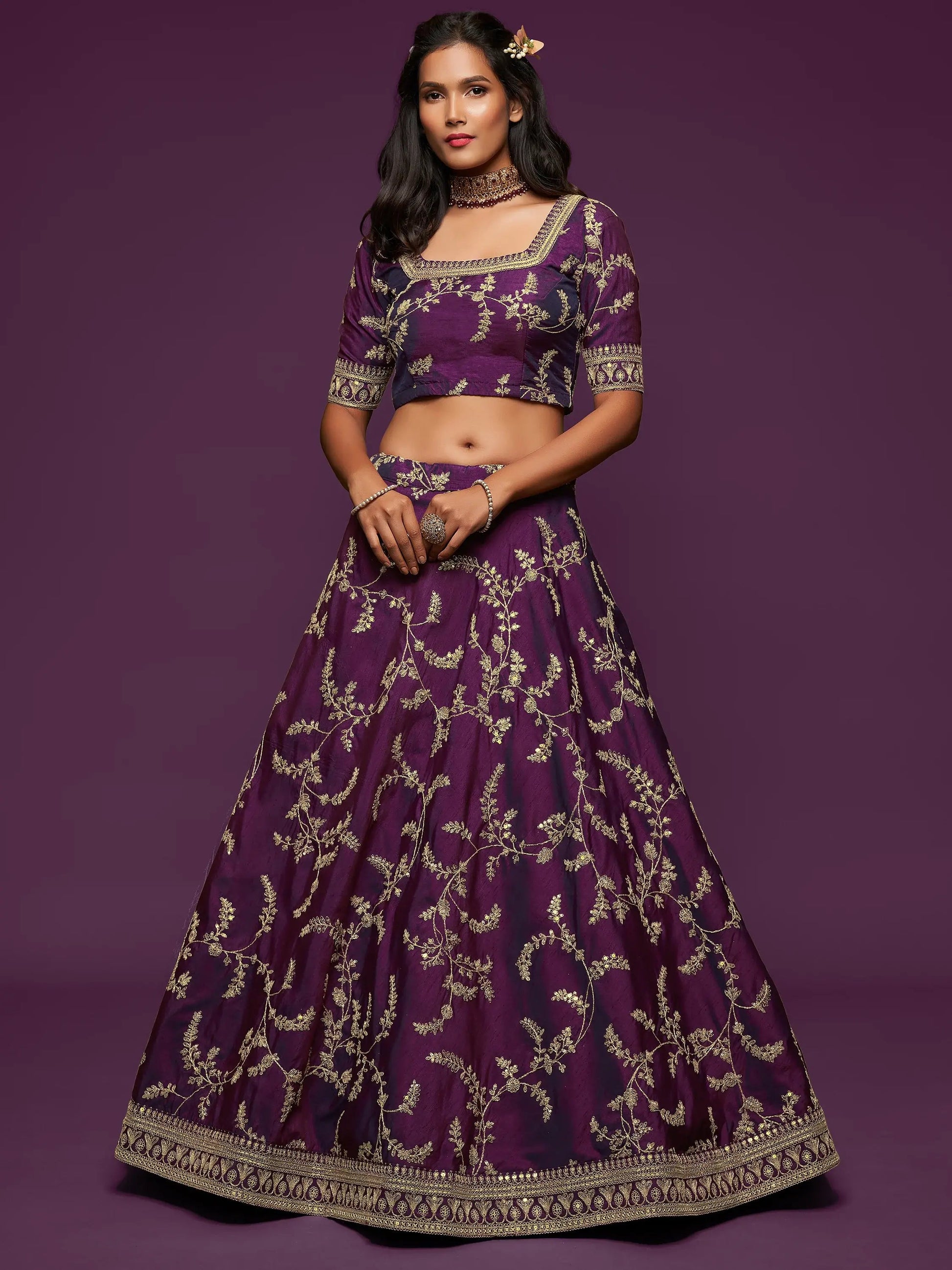 Pleasing Purple Thread Embroidery Art Silk Wedding Lehenga Choli - Zeel Clothing