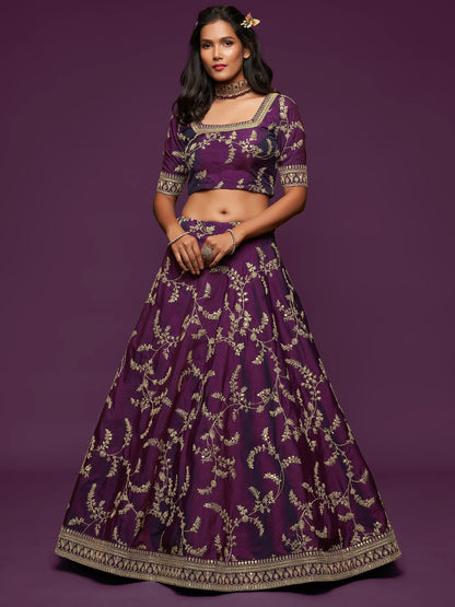 Pleasing Purple Thread Embroidery Art Silk Wedding Lehenga Choli - Zeel Clothing