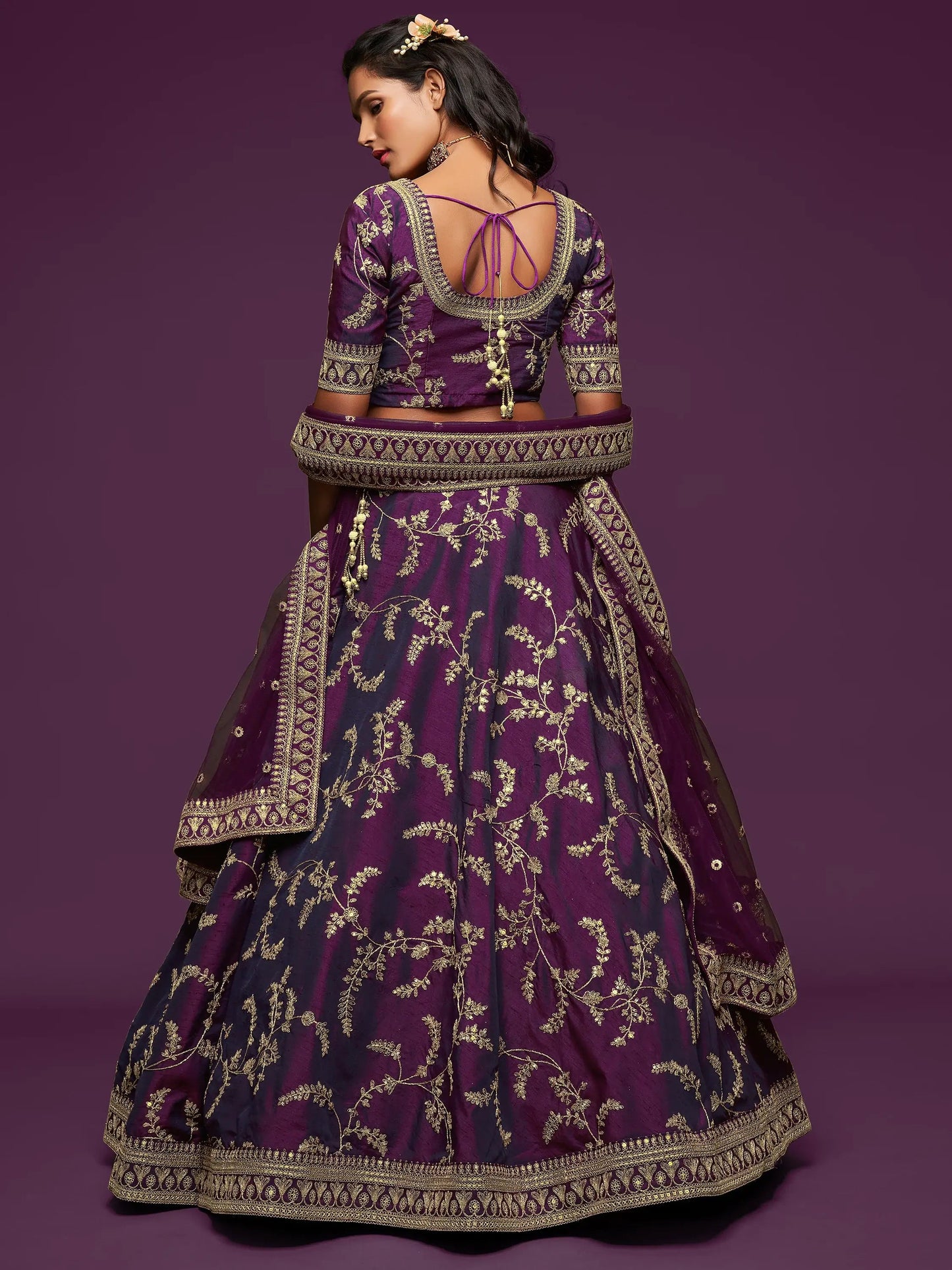 Pleasing Purple Thread Embroidery Art Silk Wedding Lehenga Choli - Zeel Clothing
