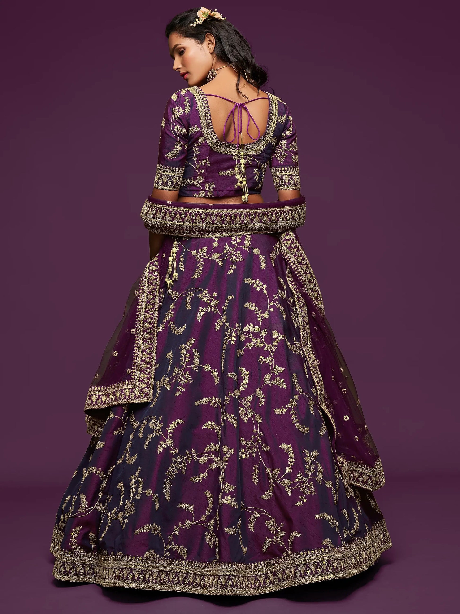 Pleasing Purple Thread Embroidery Art Silk Wedding Lehenga Choli - Zeel Clothing