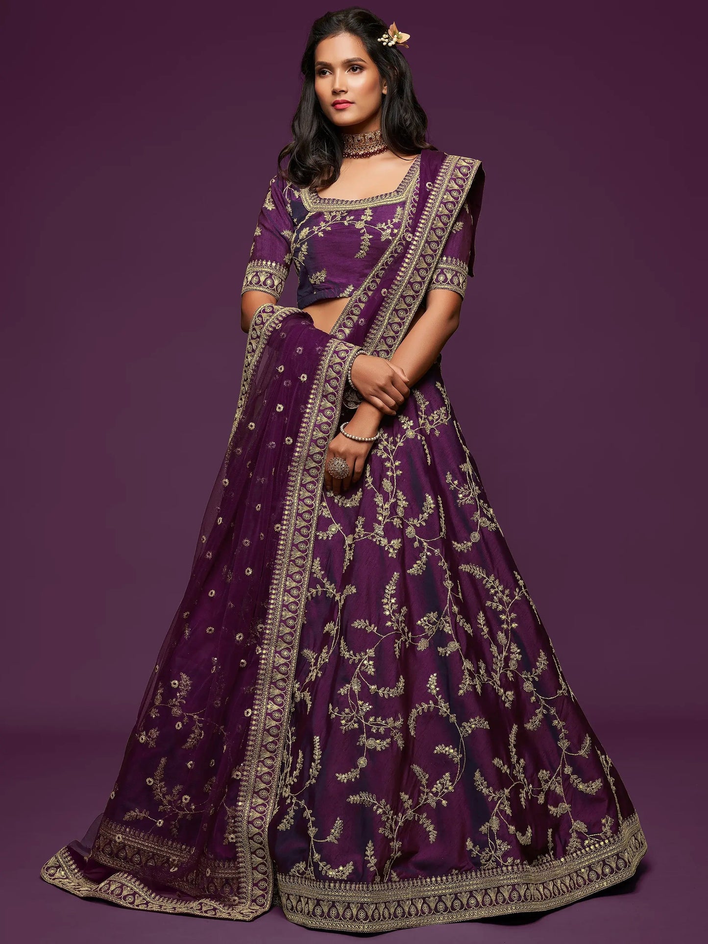 Pleasing Purple Thread Embroidery Art Silk Wedding Lehenga Choli - Zeel Clothing