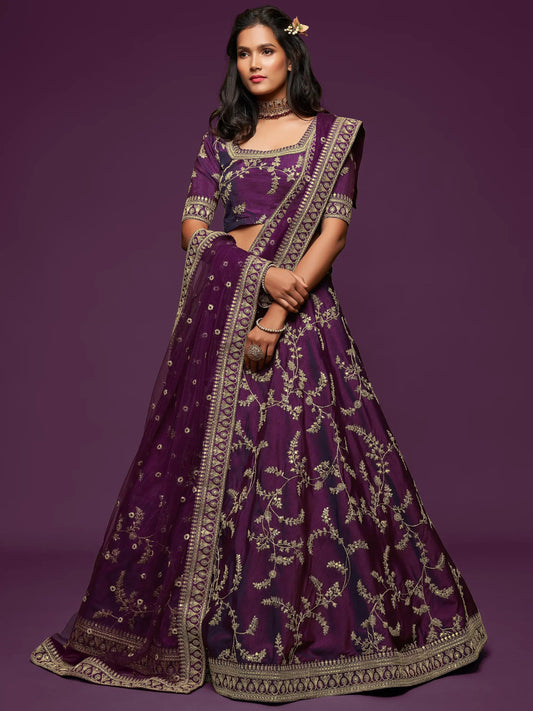 Pleasing Purple Thread Embroidery Art Silk Wedding Lehenga Choli - Zeel Clothing