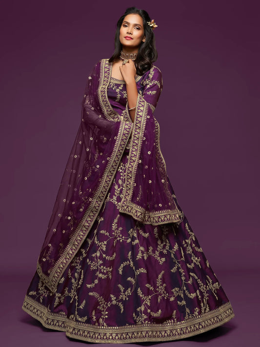 Pleasing Purple Thread Embroidery Art Silk Wedding Lehenga Choli - Zeel Clothing