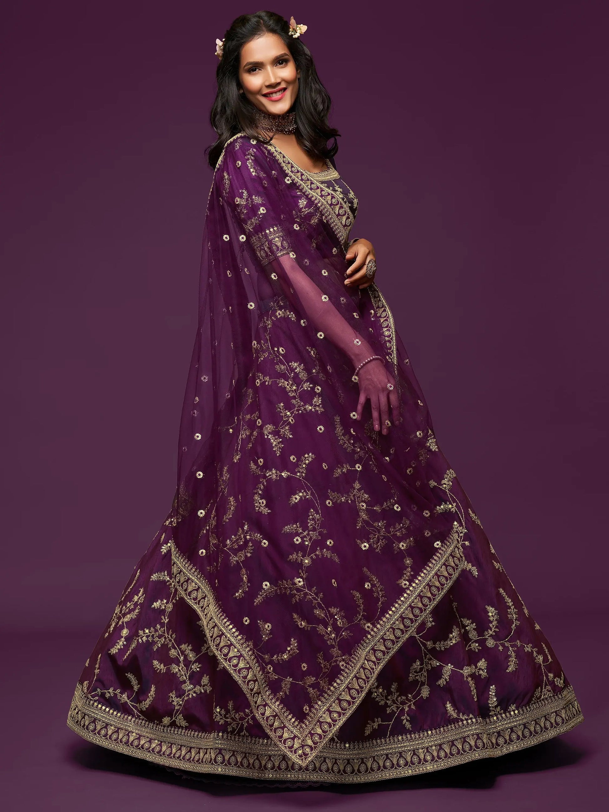 Pleasing Purple Thread Embroidery Art Silk Wedding Lehenga Choli - Zeel Clothing