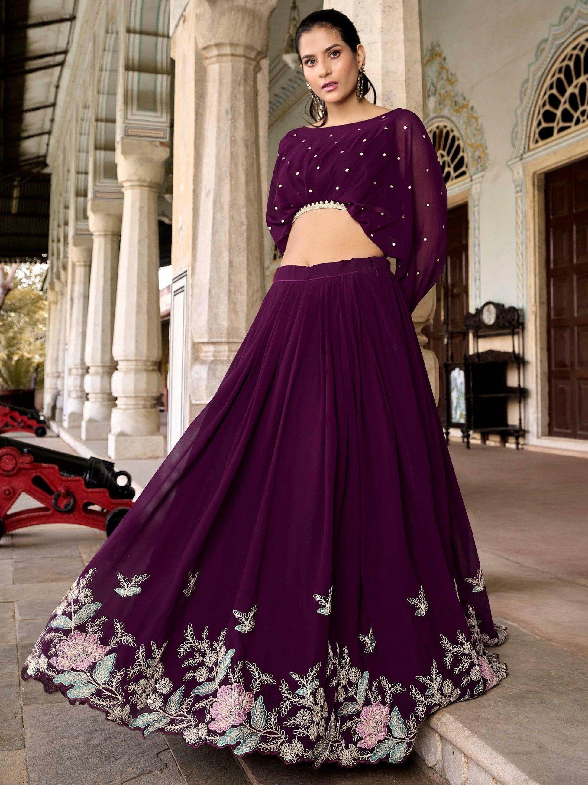 Pleasing Wine Embroidered Georgette Designer Crop Top Lehenga - Zeel Clothing