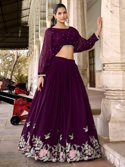 Pleasing Wine Embroidered Georgette Designer Crop Top Lehenga - Zeel Clothing