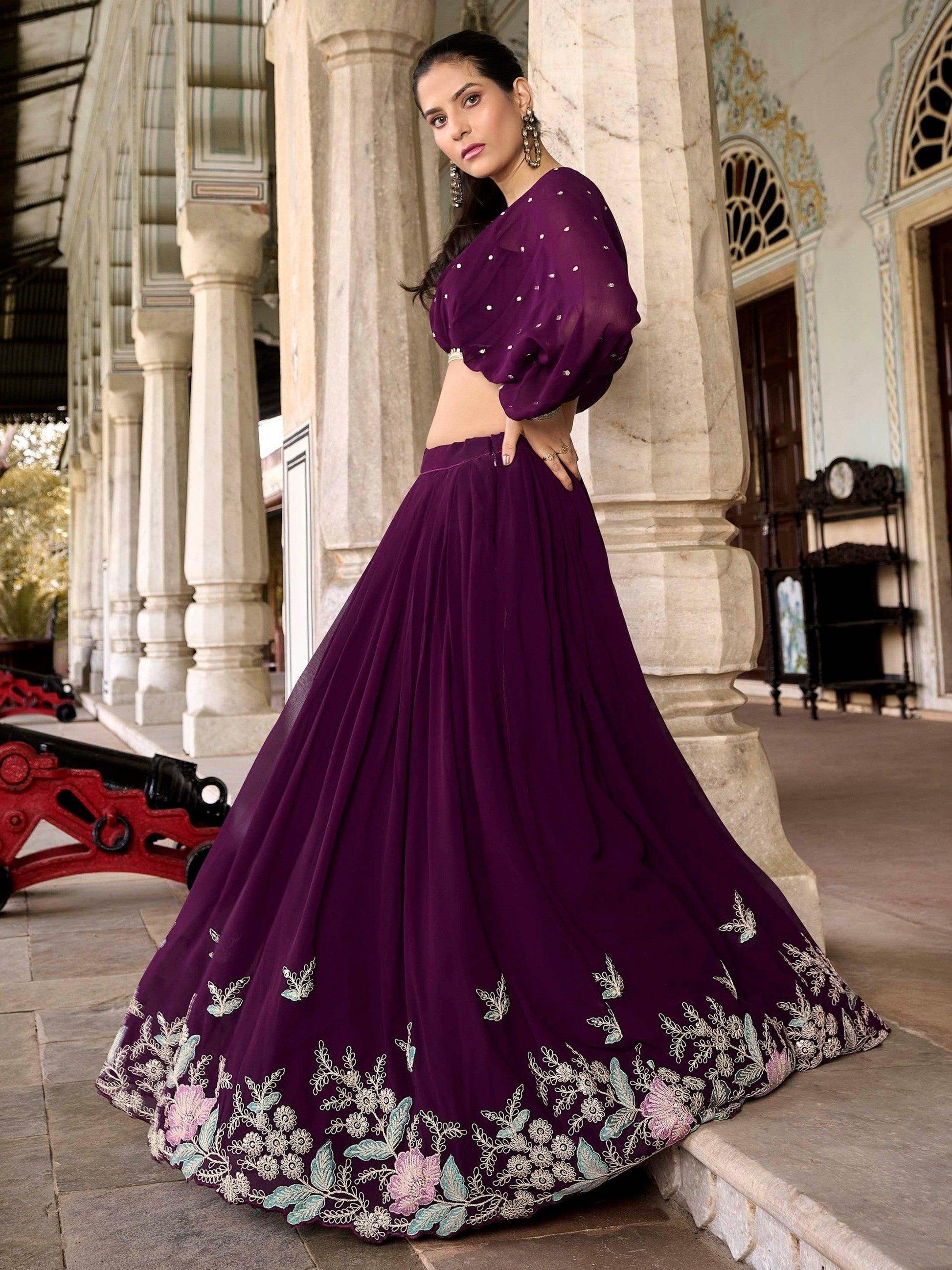 Pleasing Wine Embroidered Georgette Designer Crop Top Lehenga - Zeel Clothing