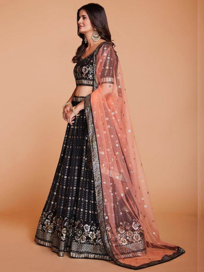 Plushy Brown Sequins Georgette Engagement Wear Lehenga Choli - Zeel Clothing